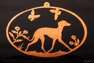 Oval cutout of a small greyhound walking with butterflies
Dimensions: 28cm x 19 [...]