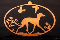 Oval cutout of a small greyhound walking with butterflies
Dimensions: 28cm x 19 [...]